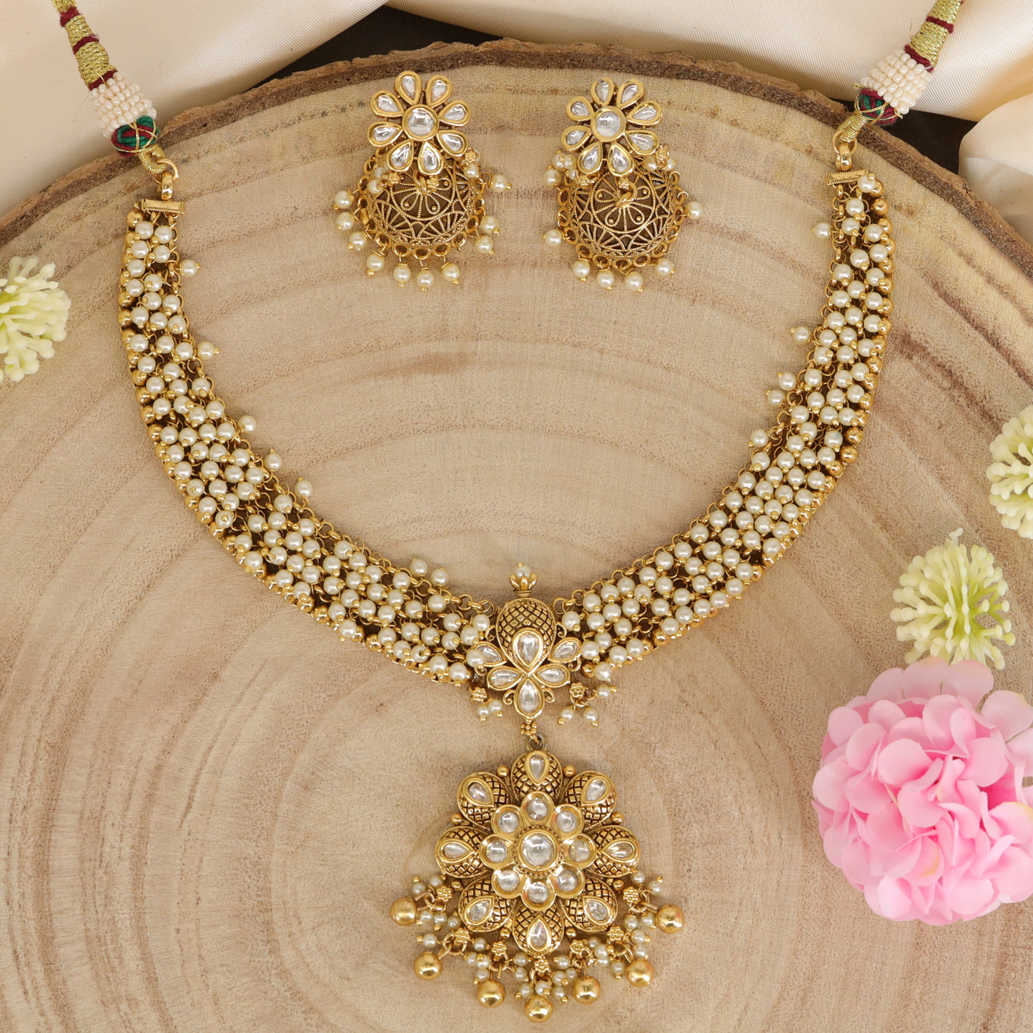 Lotus Petal Pendant Necklace with Layered Pearl Weave