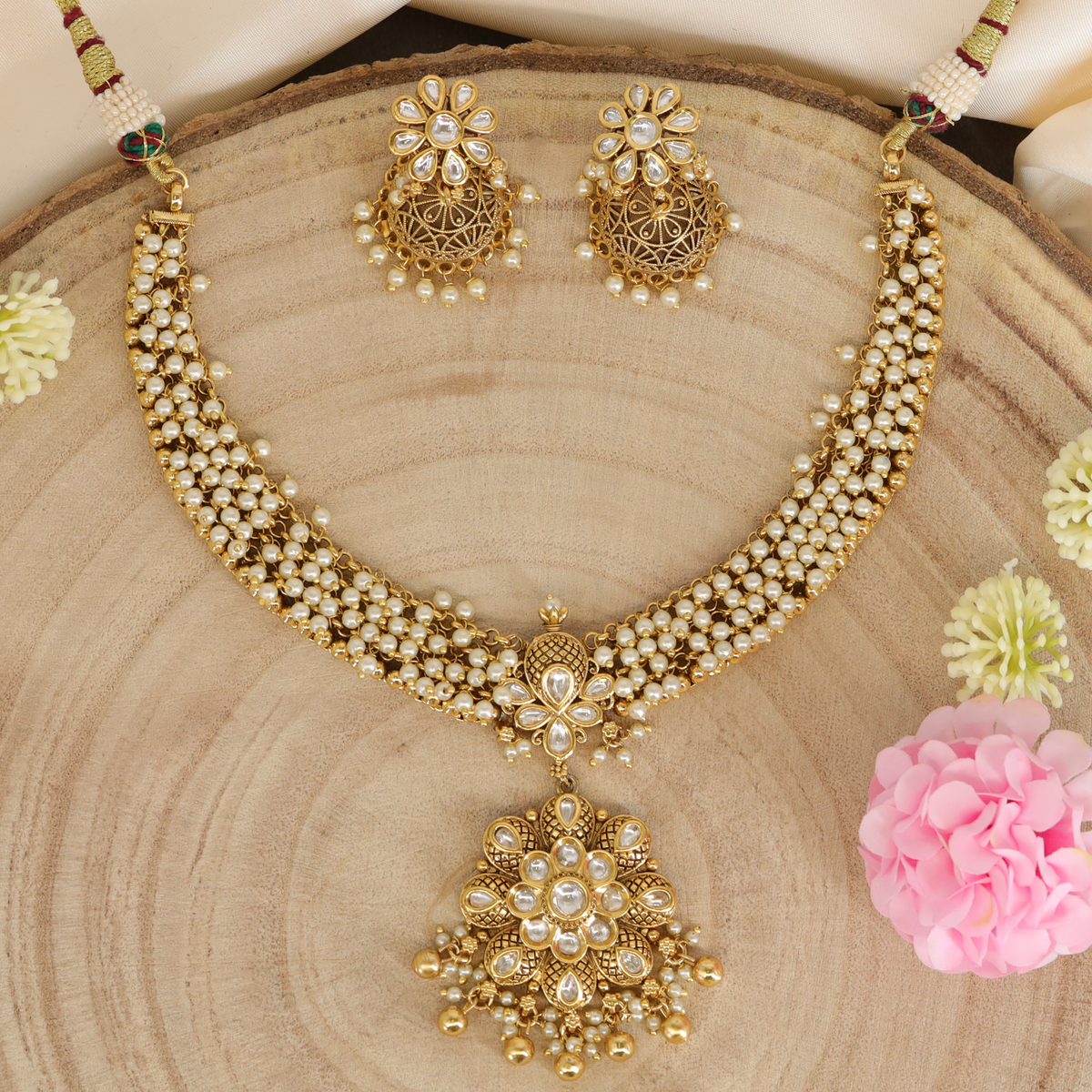 Lotus Petal Pendant Necklace with Layered Pearl Weave