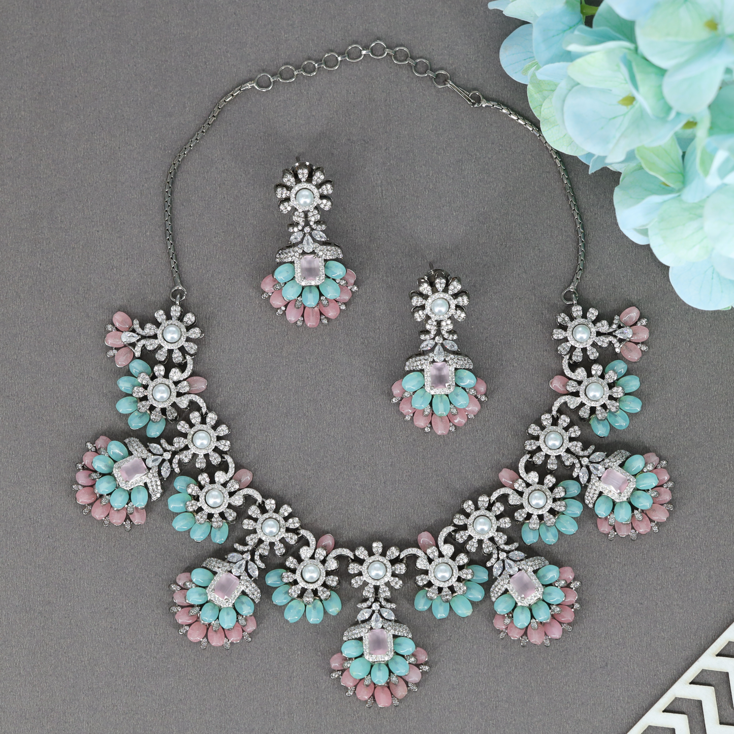 Delicate Floral Vine Necklace with Pearl Center Blooms and Petal Drop Accents