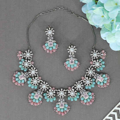 Delicate Floral Vine Necklace with Pearl Center Blooms and Petal Drop Accents