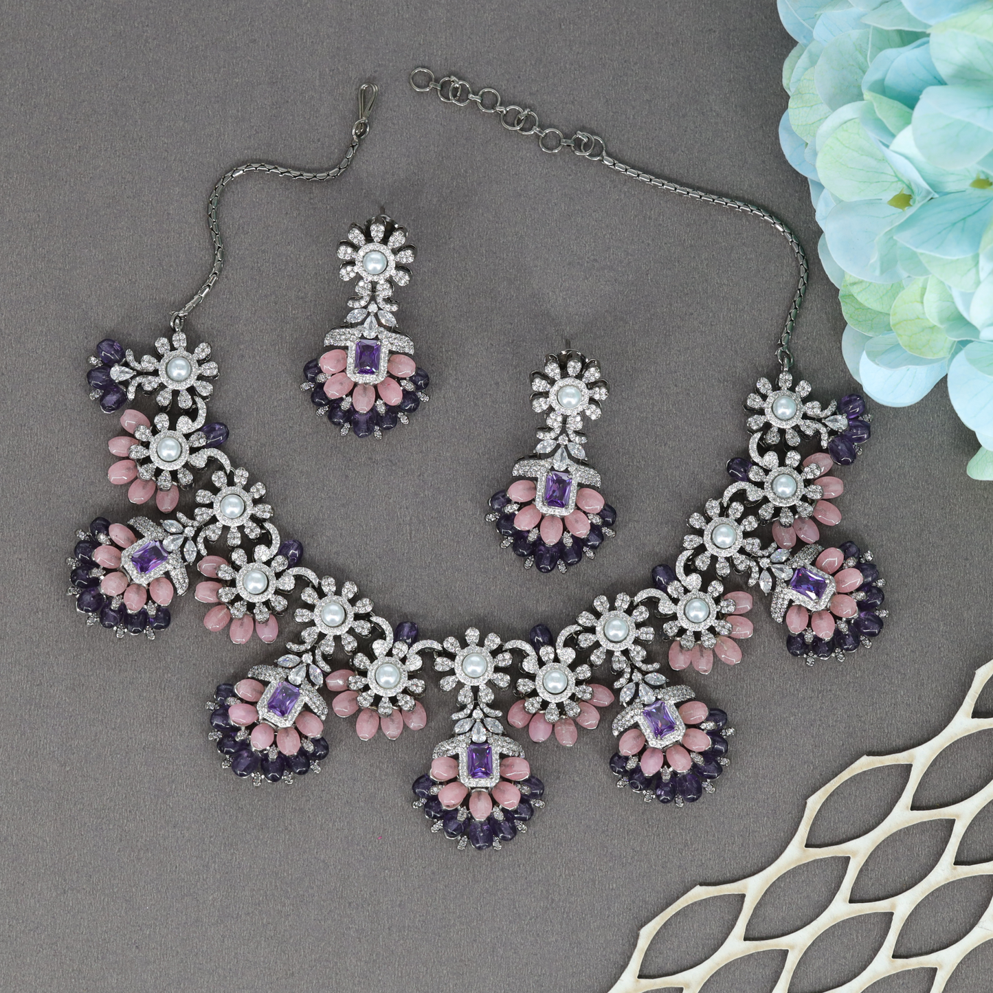 Delicate Floral Vine Necklace with Pearl Center Blooms and Petal Drop Accents