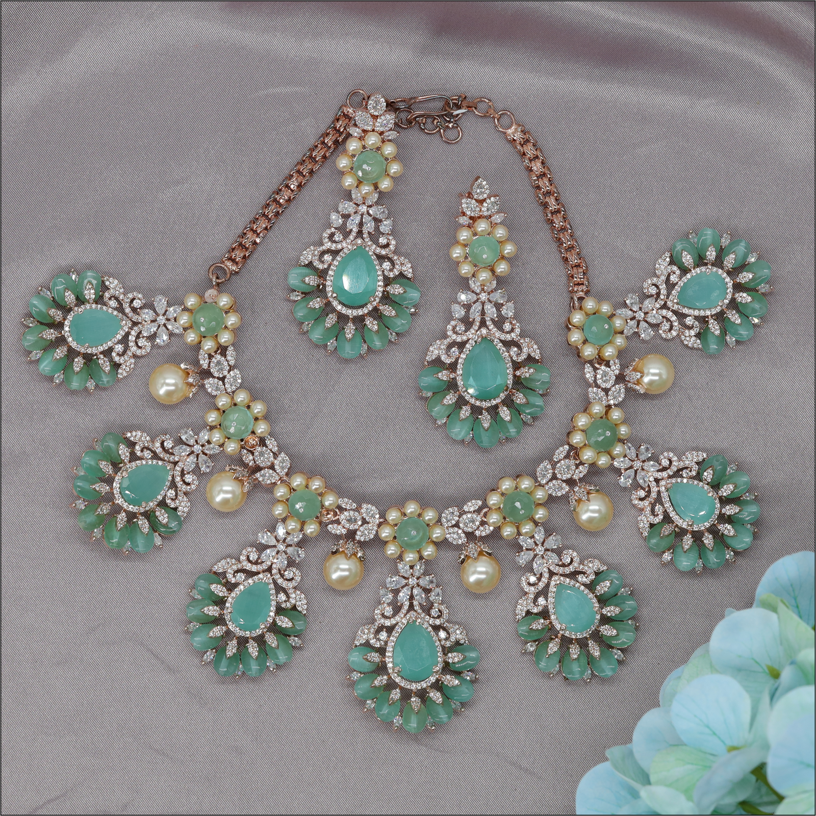 Decorative Floral Crystal Choker with Repeating Teardrop Drops and Pearl Charms