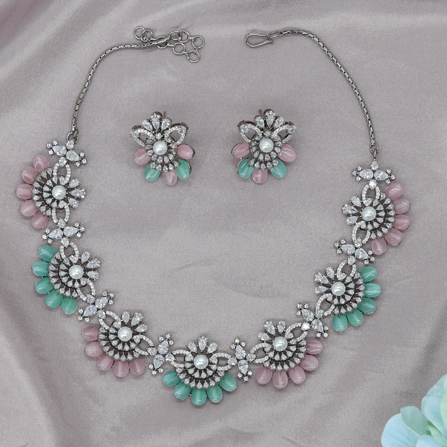 Blossom Cluster Necklace with Pearl Centre and Curved Petal Fringe