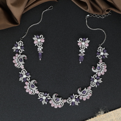 Peacock Motif Floral Necklace Set with Pearl and Crystal Detailing