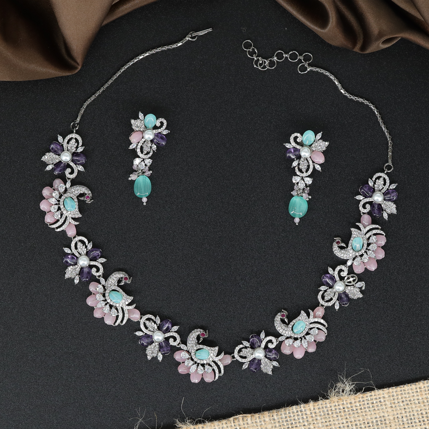 Peacock Motif Floral Necklace Set with Pearl and Crystal Detailing