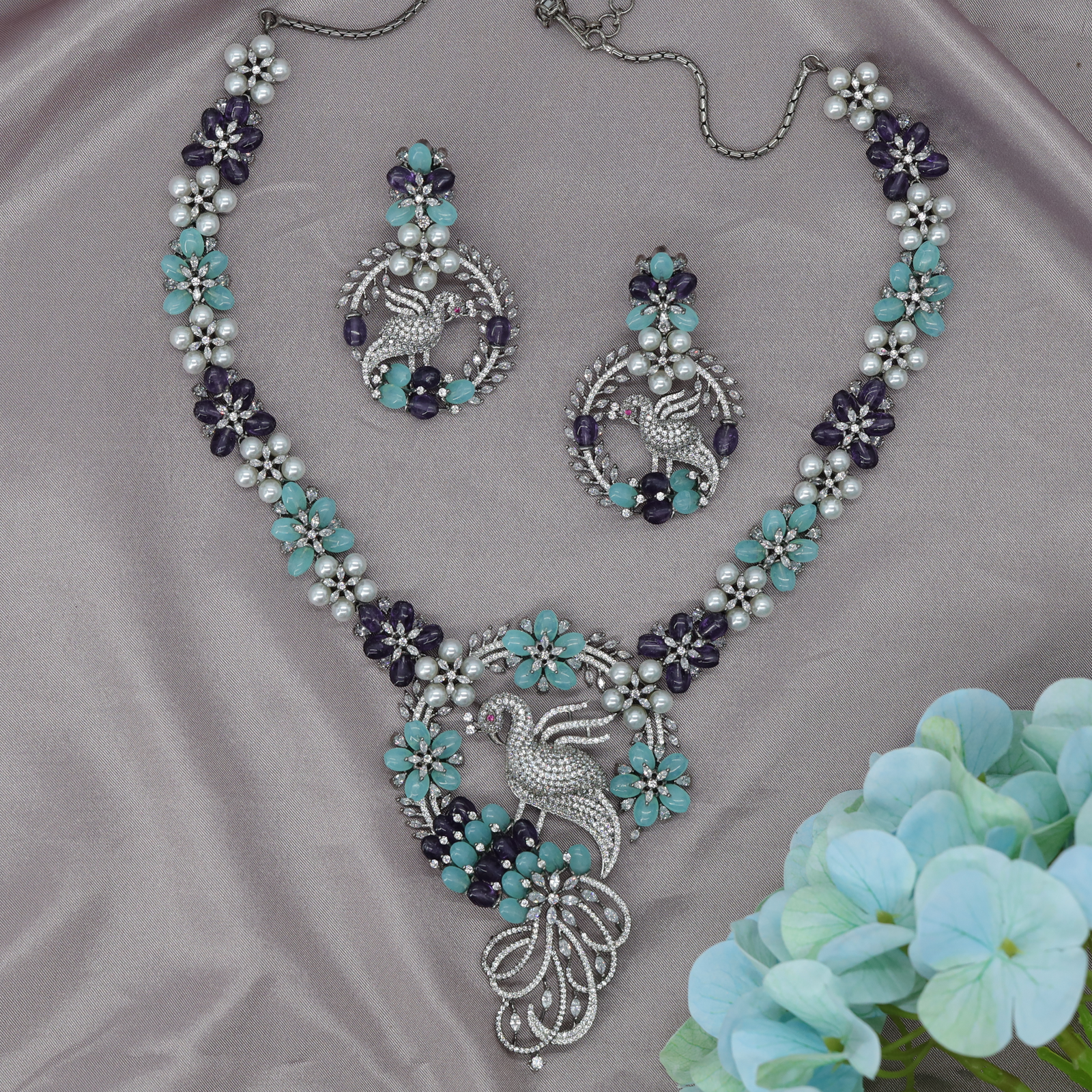 Majestic Swan Motif Floral Necklace Set with Pearl Cluster Detailing