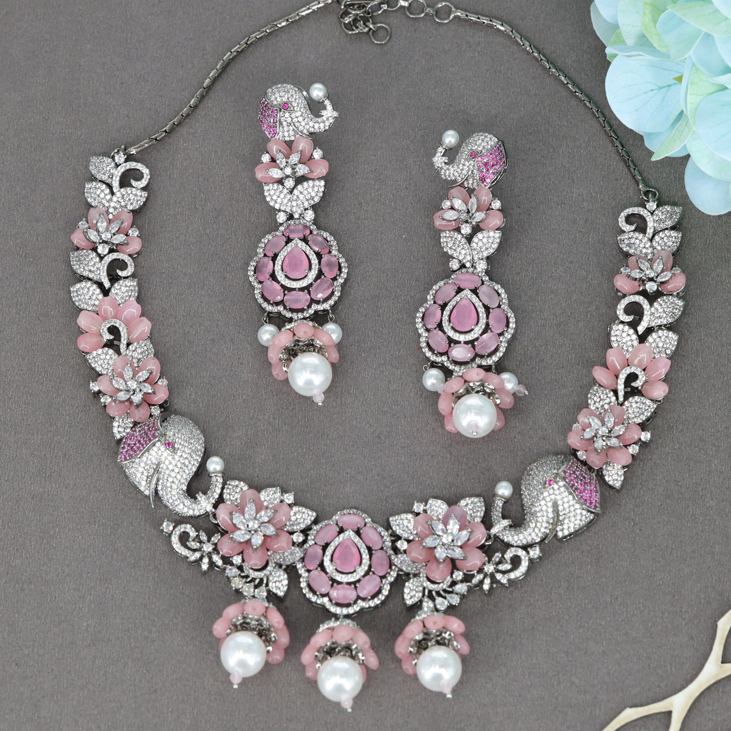 Elephant Motif Floral Statement Necklace Set with Pearl Drop Pendants
