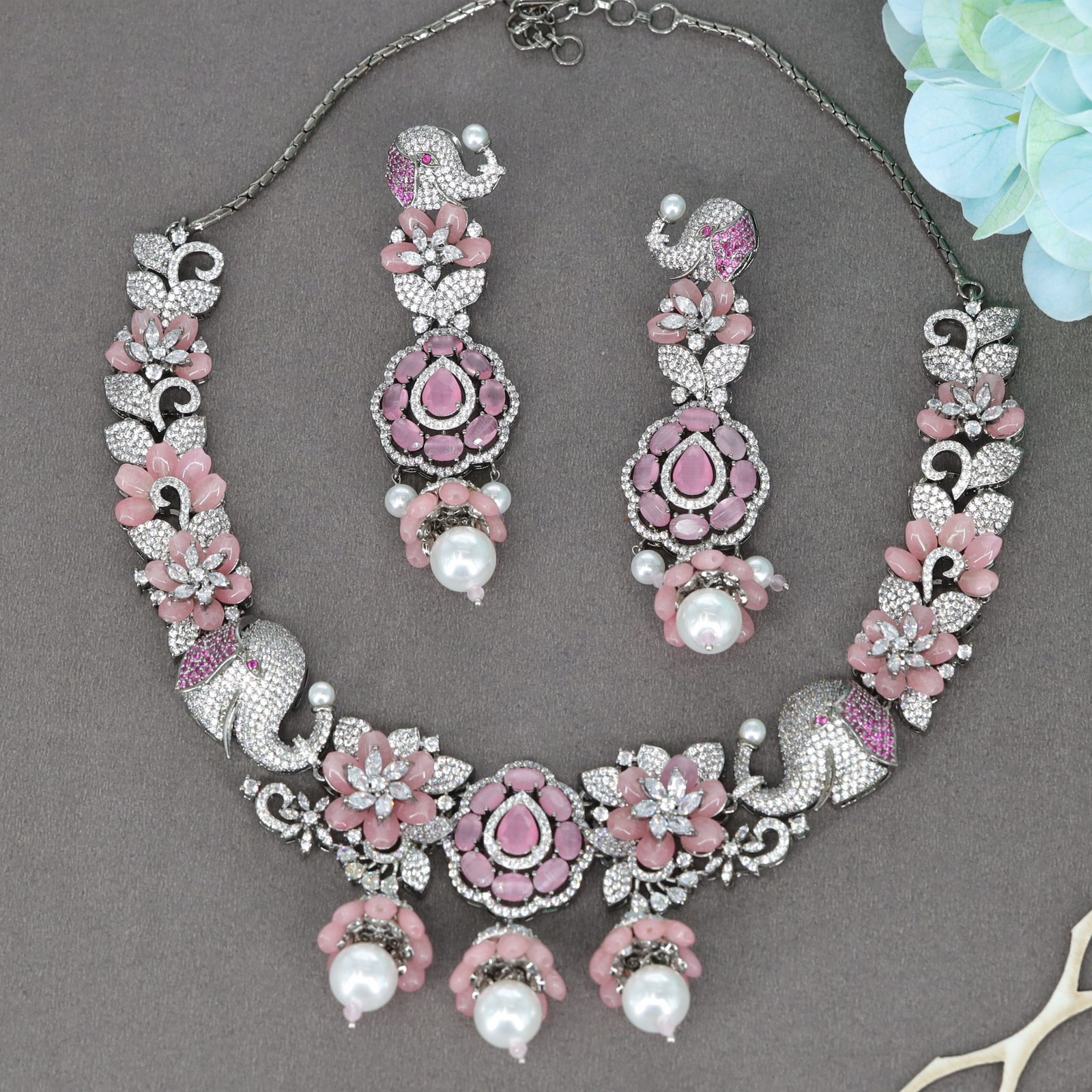 Elephant Motif Floral Statement Necklace Set with Pearl Drop Pendants