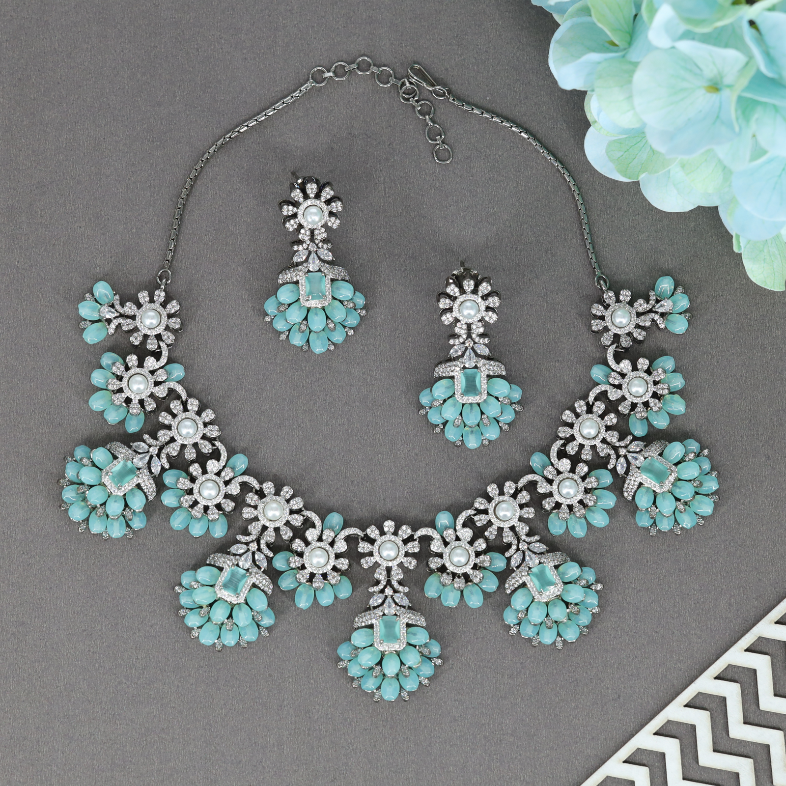 Aurora Bloom Necklace Set with Radiant Floral Crytalstal Motifs and Drop Clusters