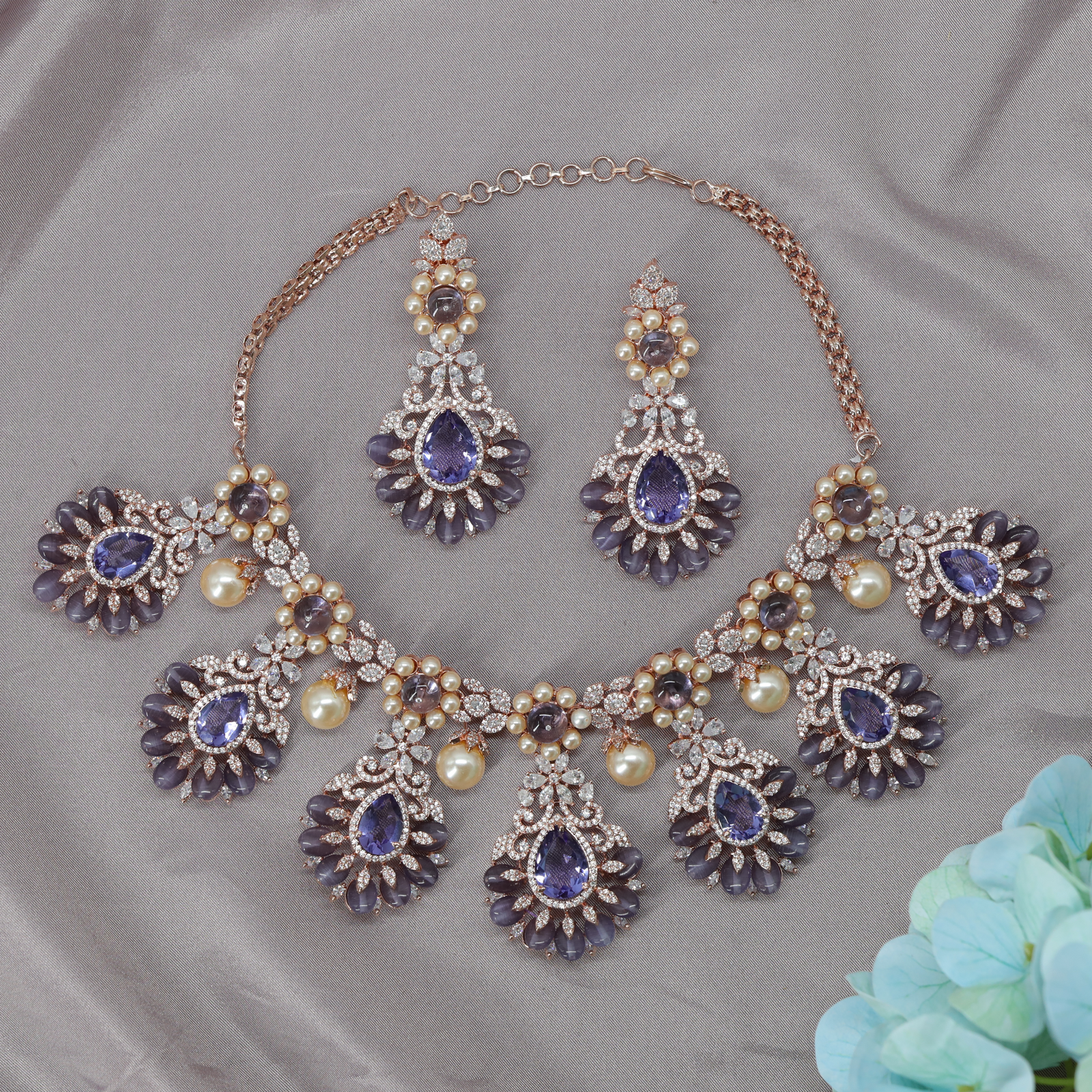 Decorative Crystal Floral Necklace with Teardrop Motif Pendants and Pearl Drop Accents