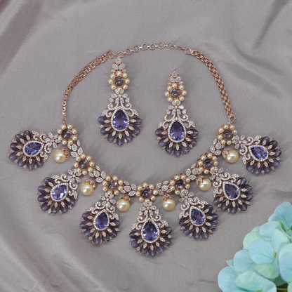 Decorative Crytalstal Floral Necklace with Teardrop Motif Pendants and Pearl Drop Accents