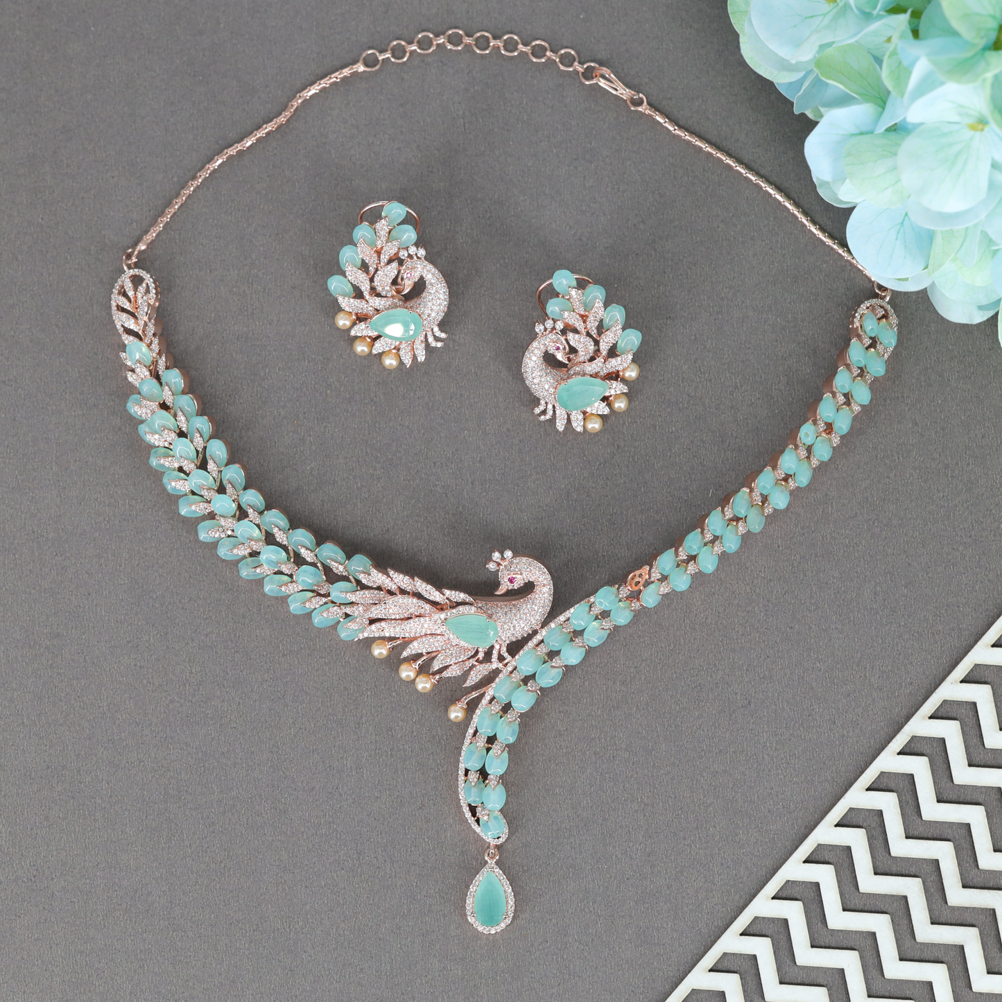 Graceful Peacock Motif Crystal Necklace with Flowing Feather Design and Drop Pendant