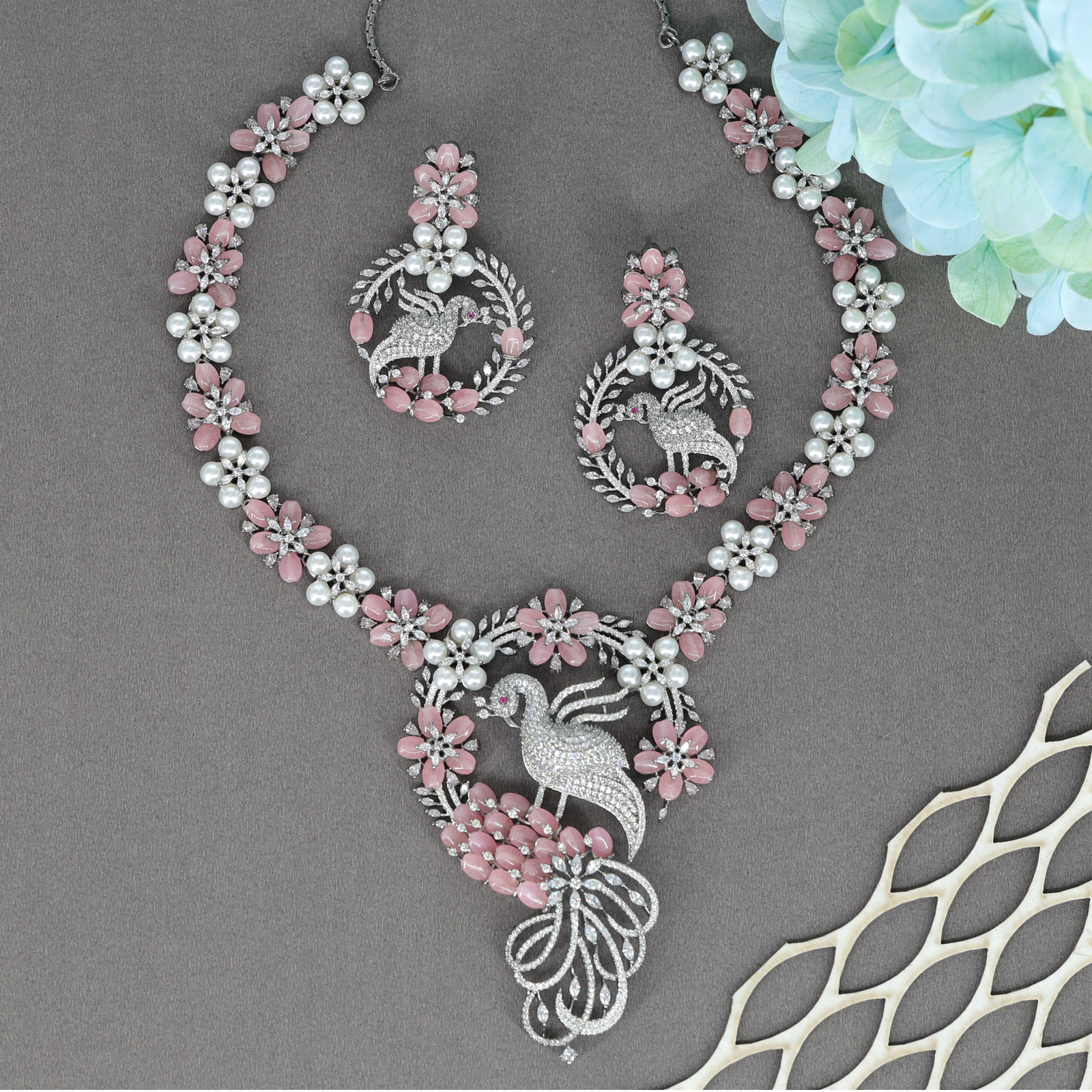 Regal Swan Motif Necklace Set with Floral Crytalstal Links and Statement Pendant