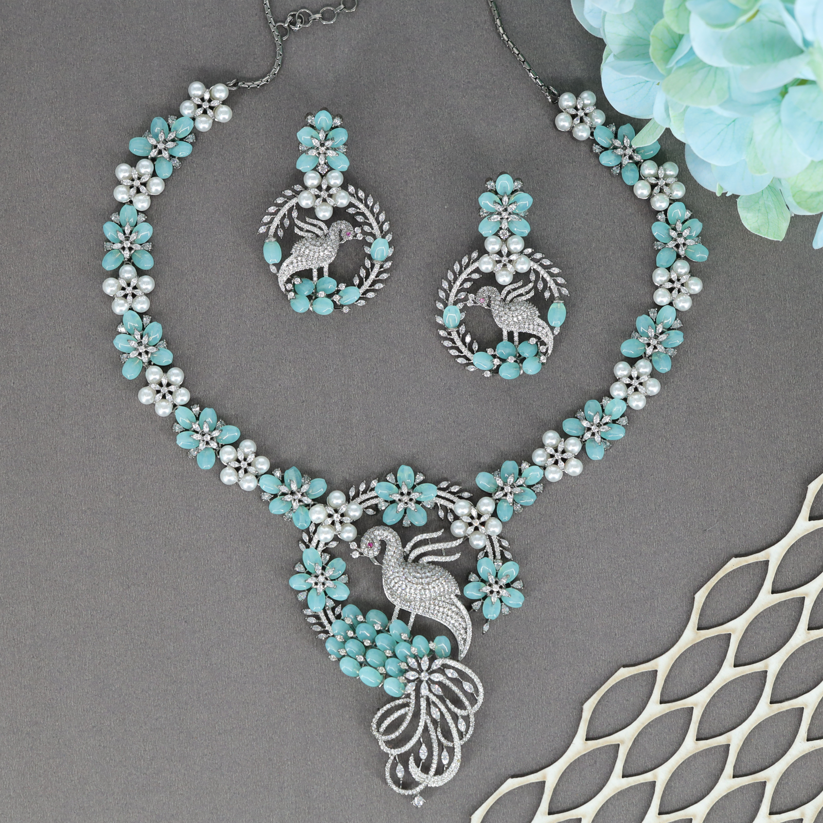 Regal Swan Motif Necklace Set with Floral Crytalstal Links and Statement Pendant