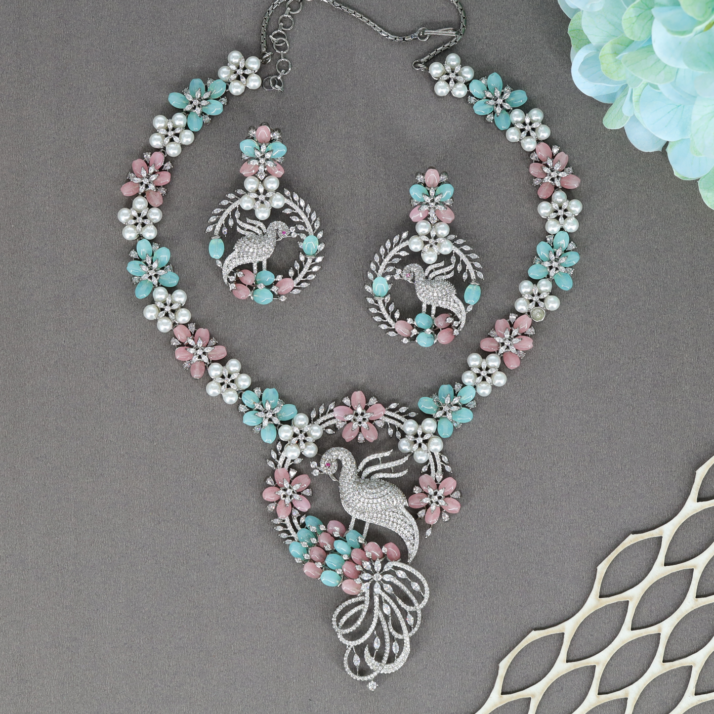 Regal Swan Motif Necklace Set with Floral Crytalstal Links and Statement Pendant
