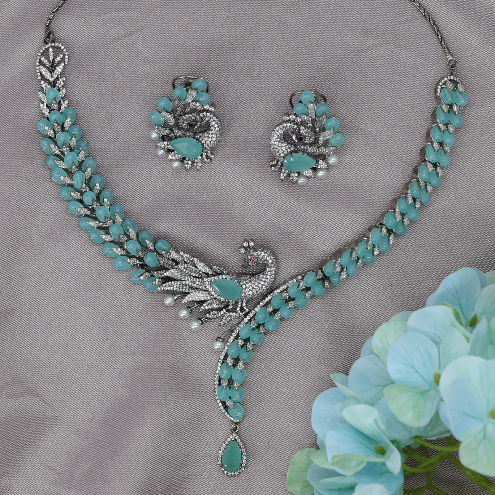 Veloura Swan Wing Necklace Set with Crytalstal Feather Panels and Center Drop