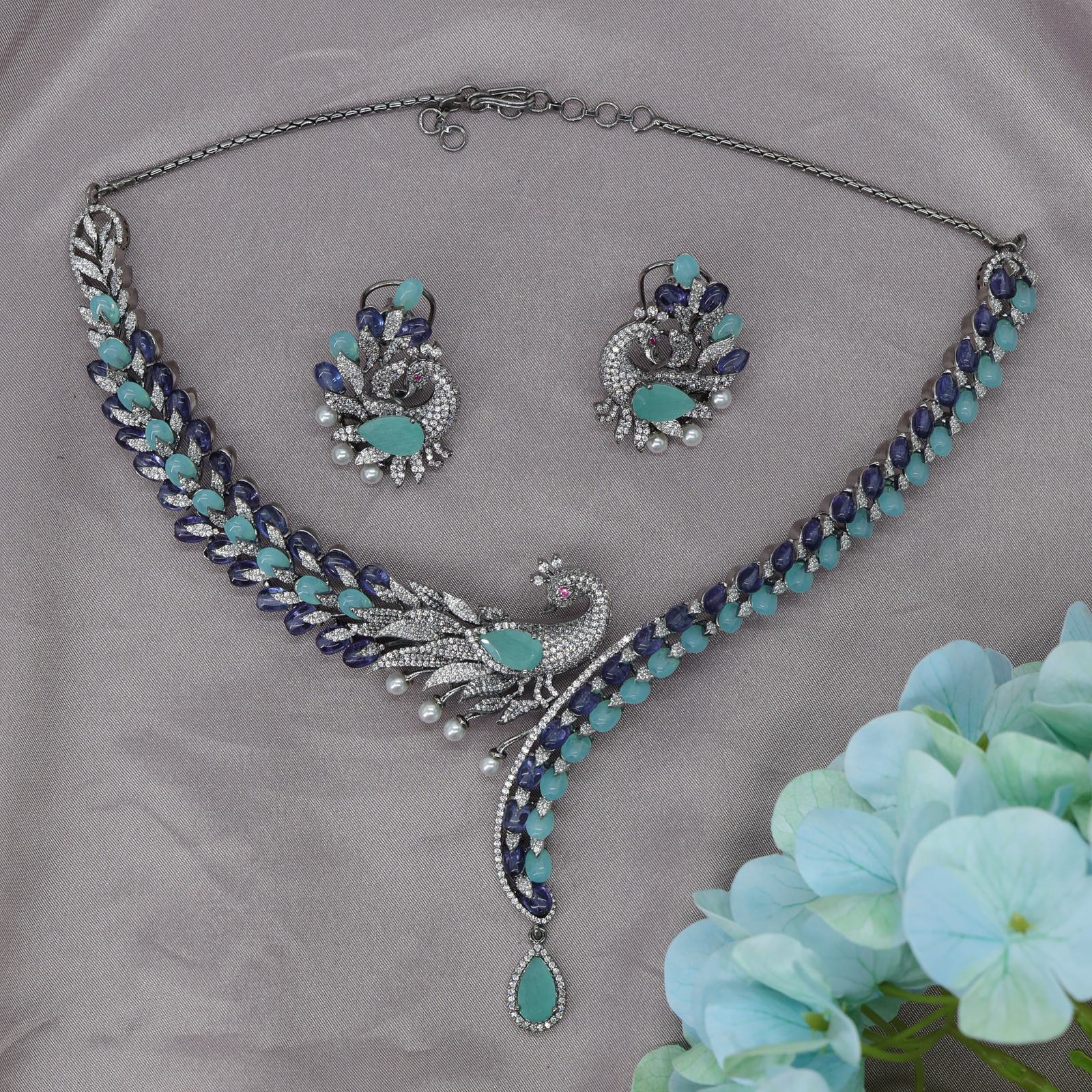 Veloura Swan Wing Necklace Set with Crytalstal Feather Panels and Center Drop
