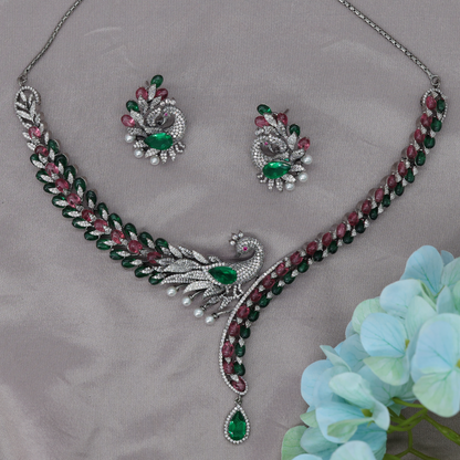 Radiant Swan Silhouette Necklace Set with Decorative Feather Links and Drop Detail