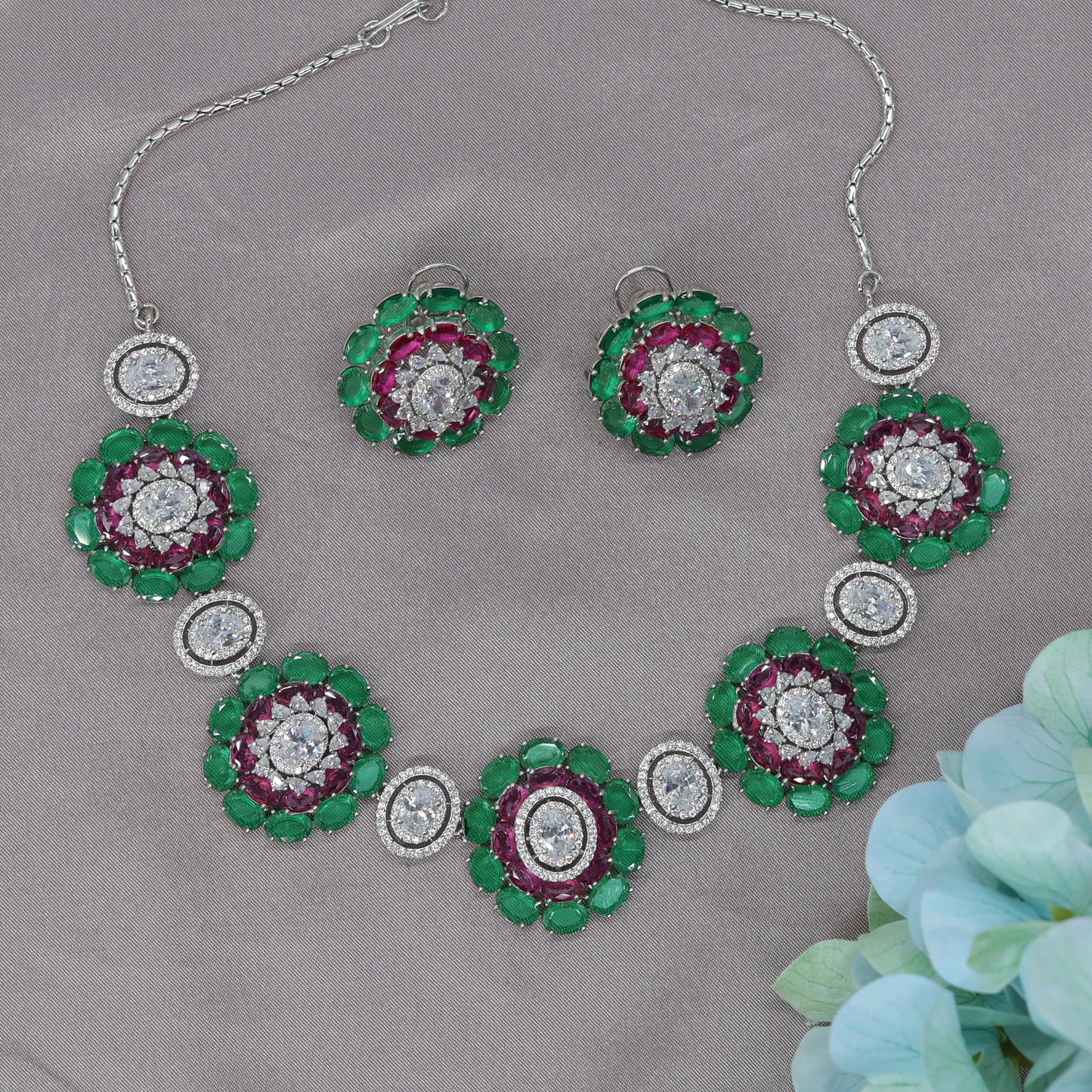 Luminous Floral Medallion Necklace Set with Radiant Cluster Centres