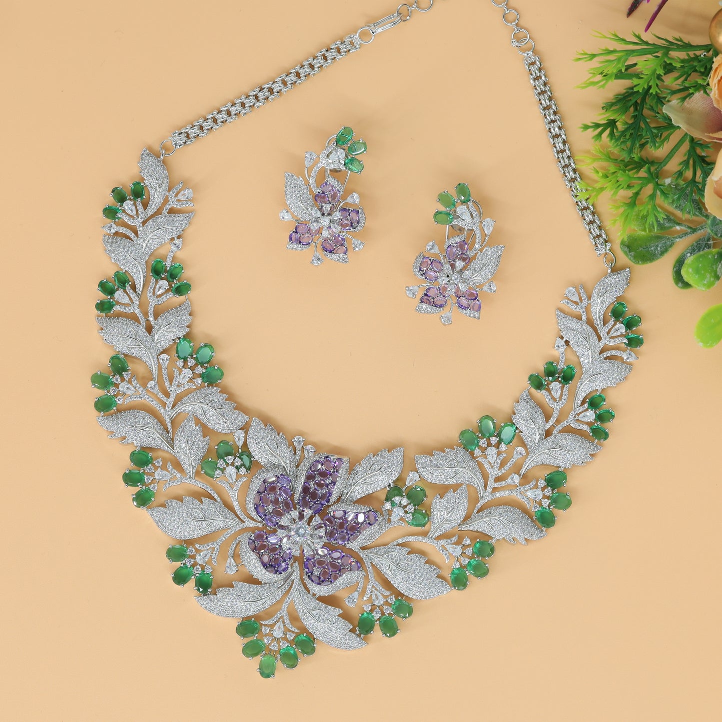 Grand Botanical Crystal Necklace Set with Artistic Floral Motif