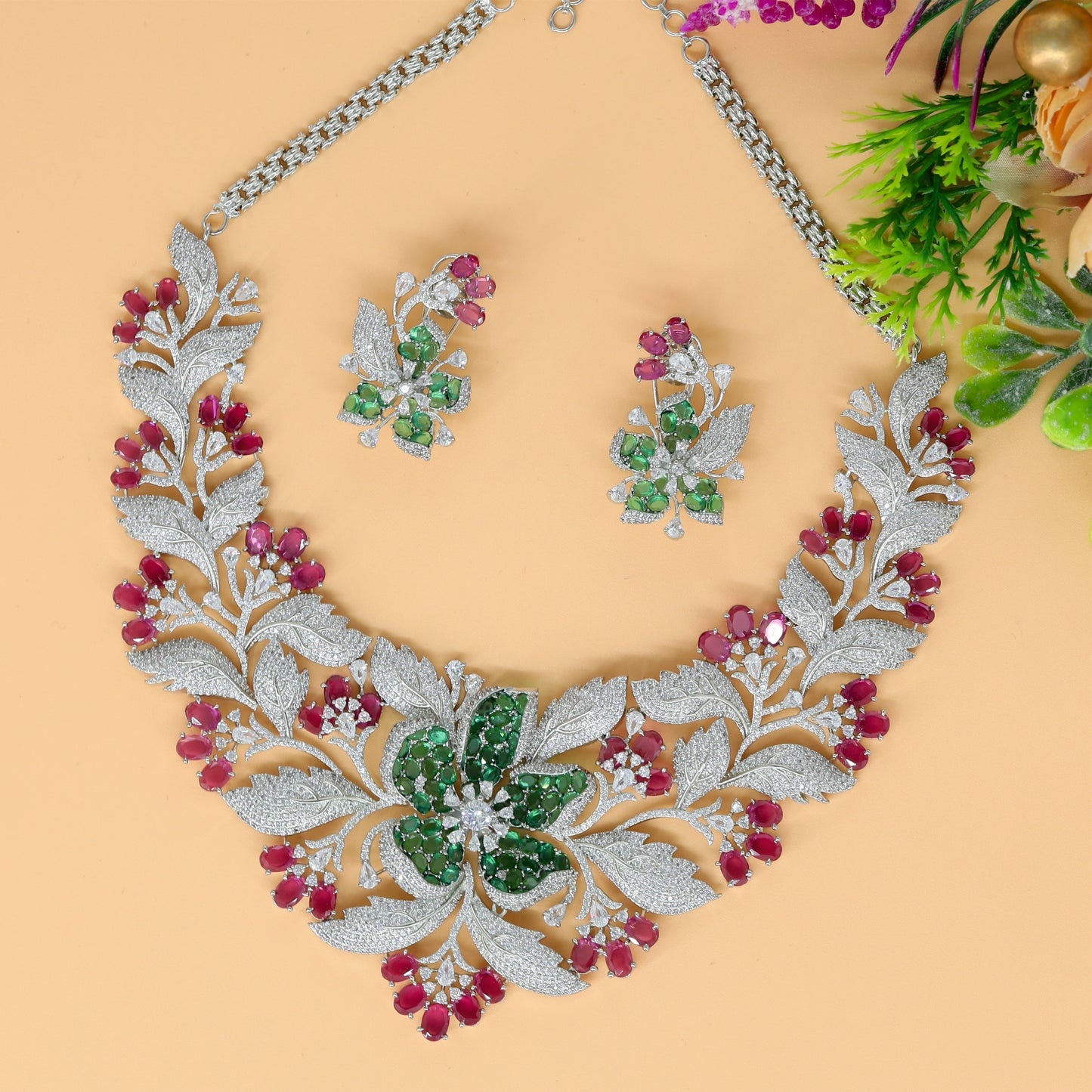 Grand Botanical Crystal Necklace Set with Artistic Floral Motif