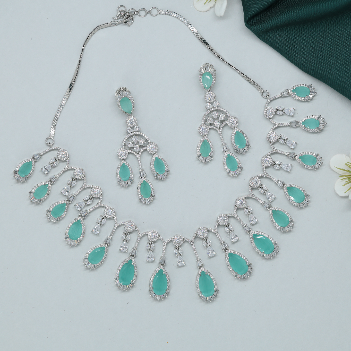 Teardrop Cascade Rhodium Necklace with Dangling Drops and Matching Long Earrings