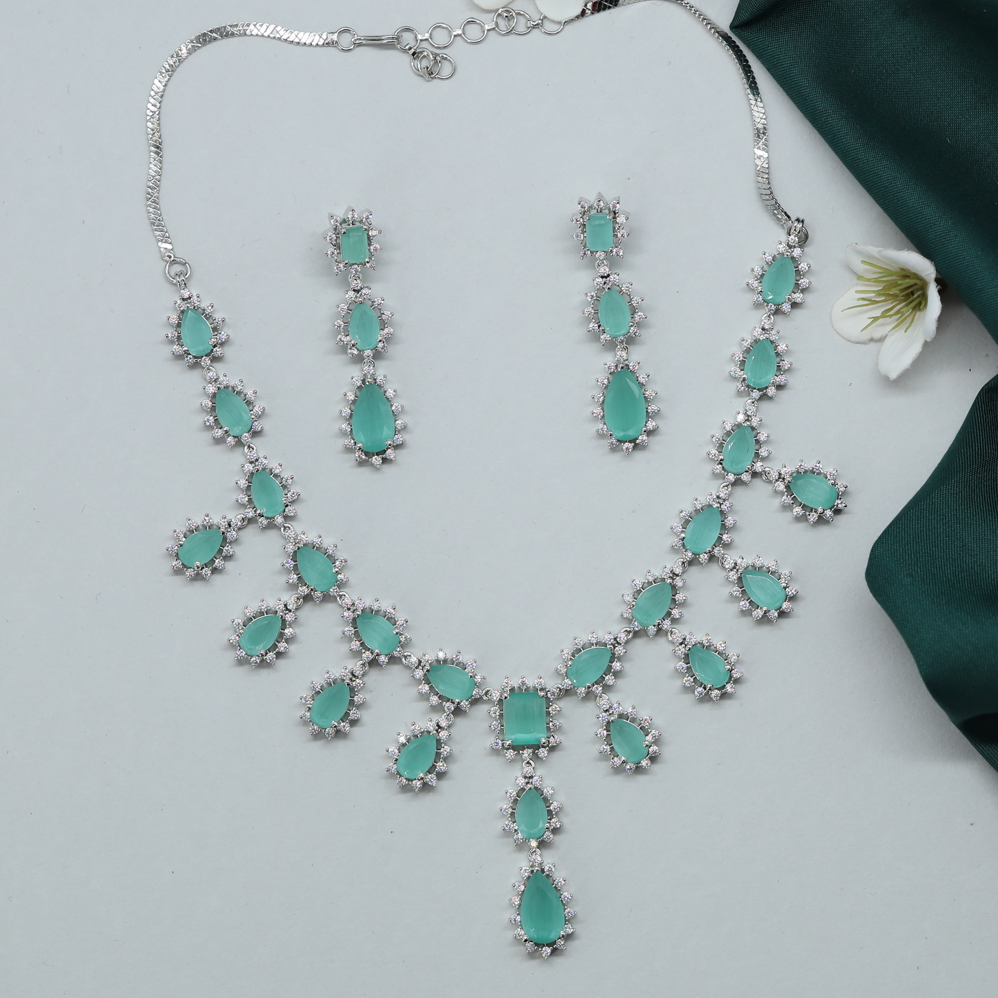 Petal Drop Rhodium Necklace with Floral Arrangement and Matching Long Earrings