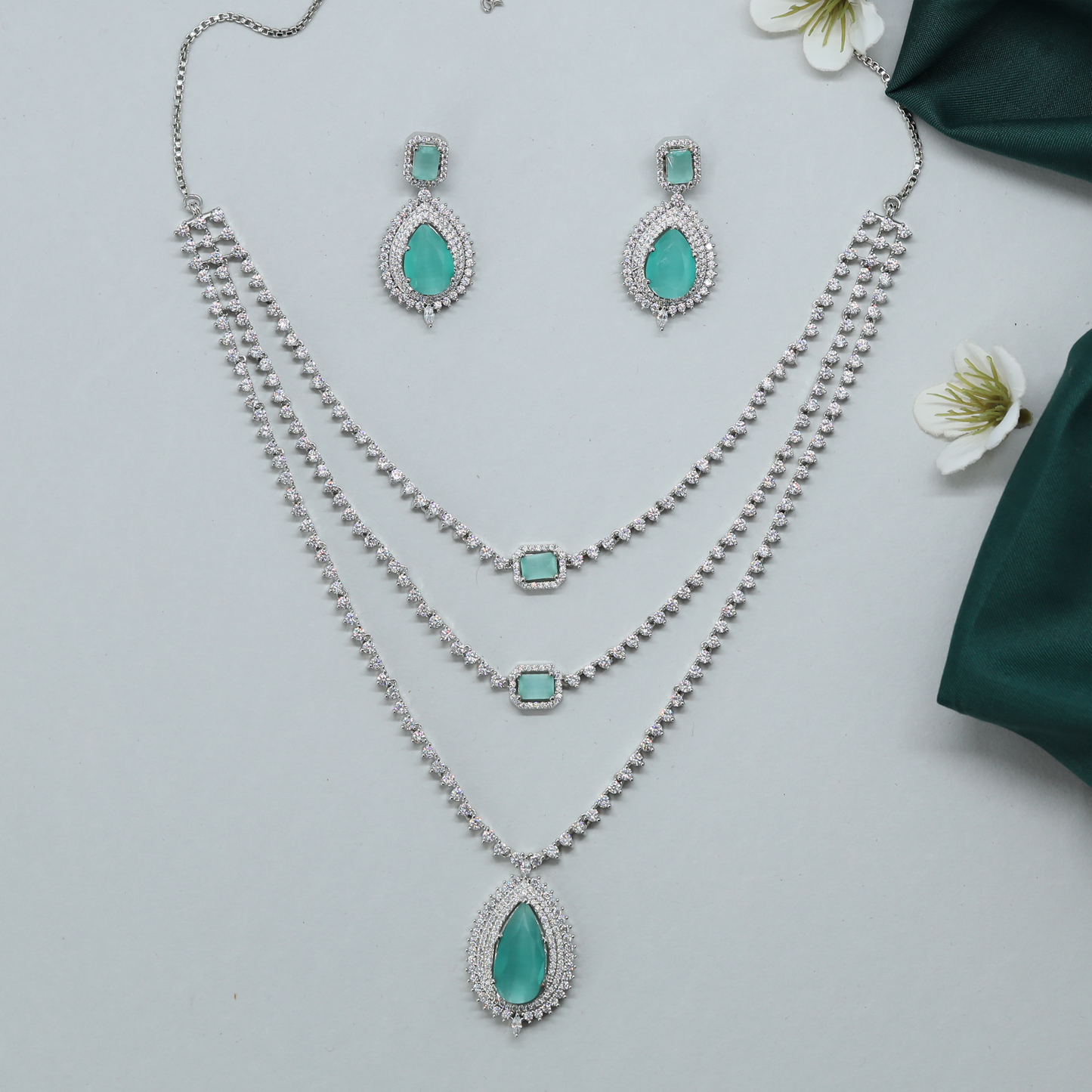 Multi Strand Necklace with Minimal Chain Lines and Statement Drop Earrings
