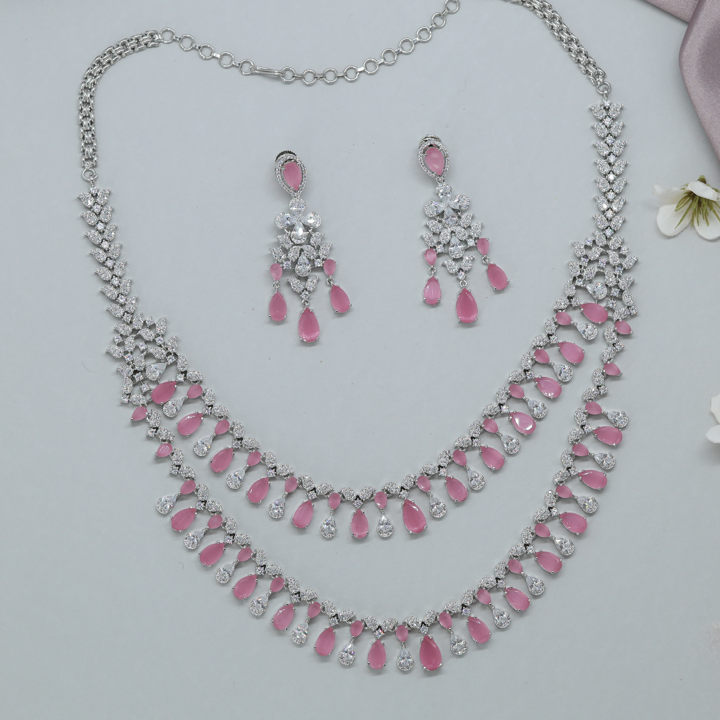 Lightweight Dual Layer Necklace with Flowing Drop Detailing and Earrings
