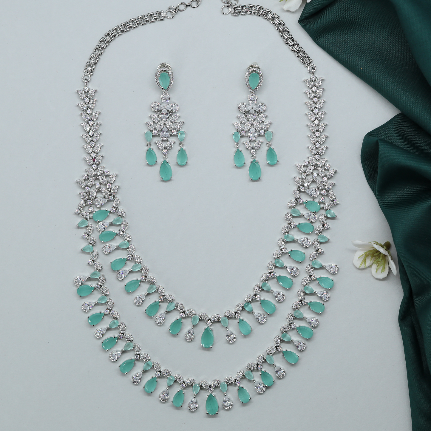 Lightweight Dual Layer Necklace with Flowing Drop Detailing and Earrings