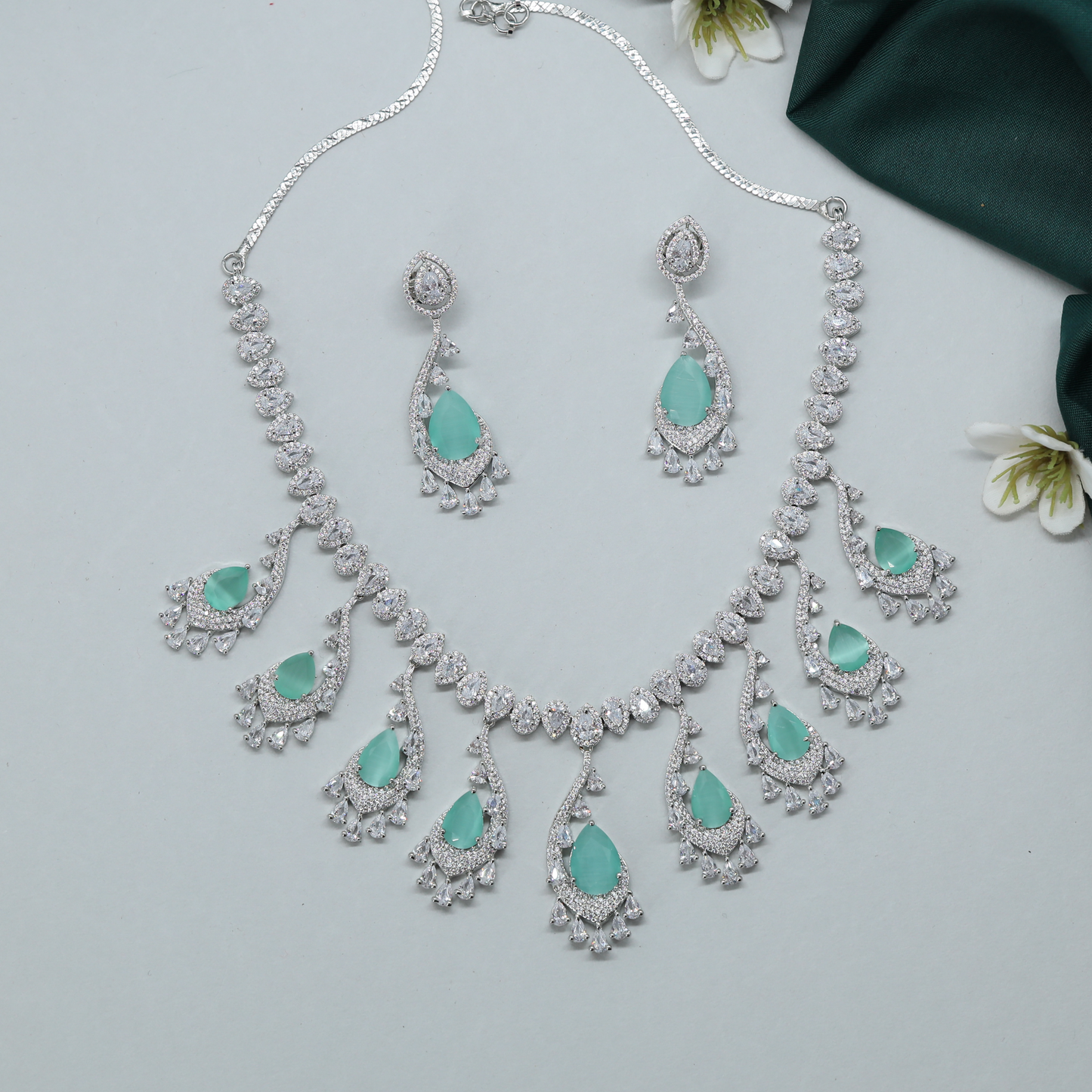 Fringe Style Necklace with Multiple Drop Elements and Long Earrings
