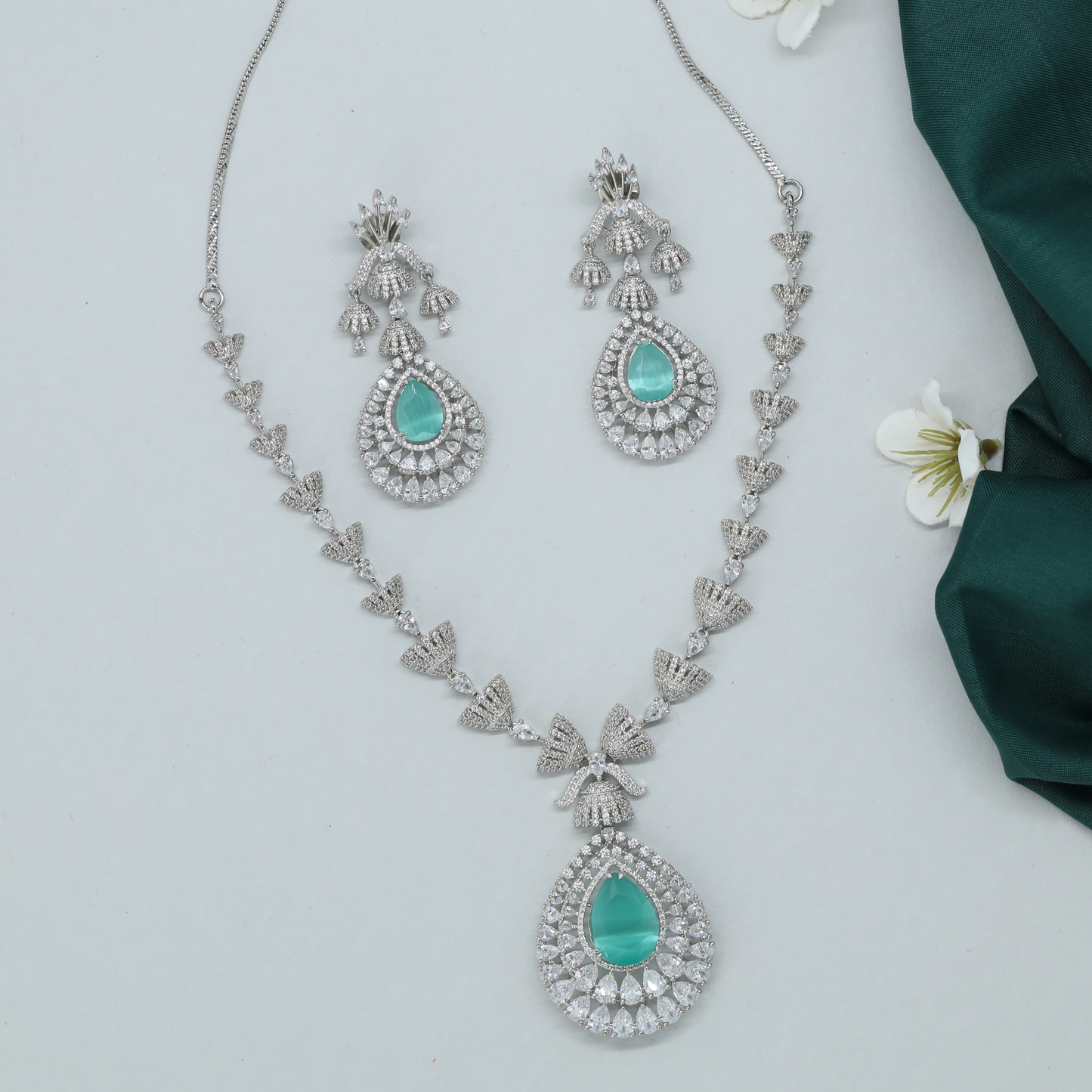 Leaf Link Necklace with Teardrop Pendant and Matching Statement Earrings