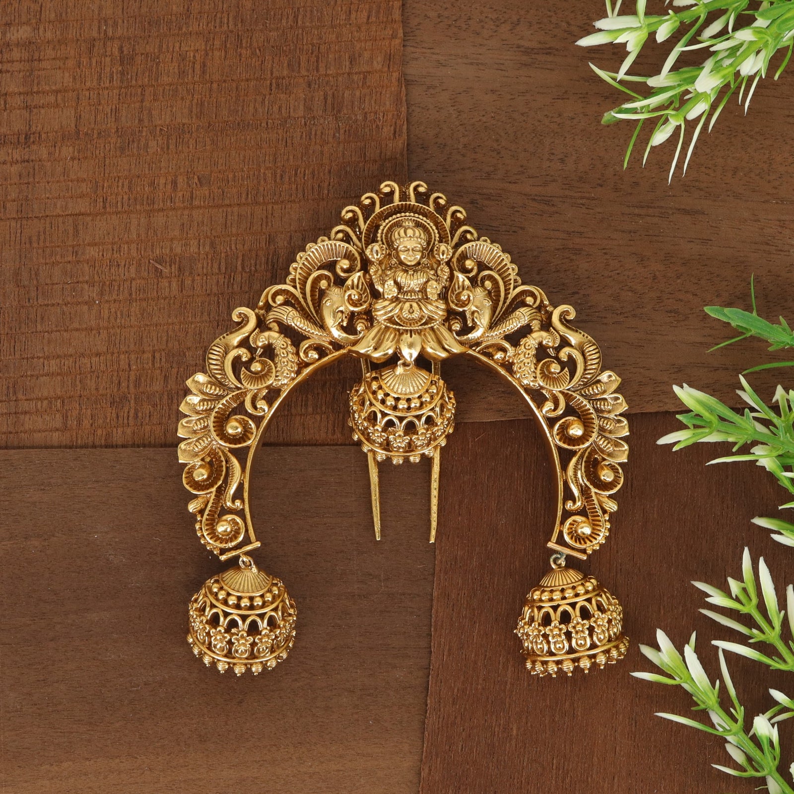 Trilokyasundari Lakshmi Headset Arch with Lotus Throne Crest and Twin Jhumkas