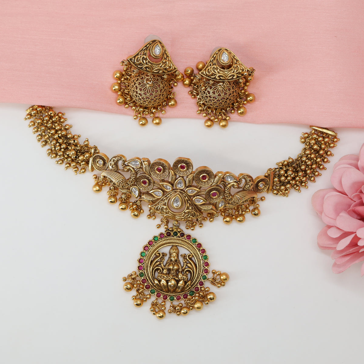 Vishranta Kamala Crest Choker with Lakshmi Medallion and Gem Halo Fringe