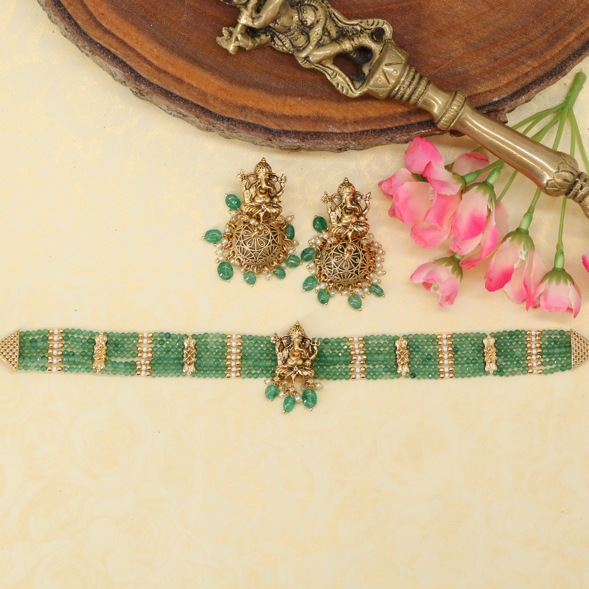 Kalyani Ganapati Rekha Choker with Multi Row Bead Design and Suspended Drops
