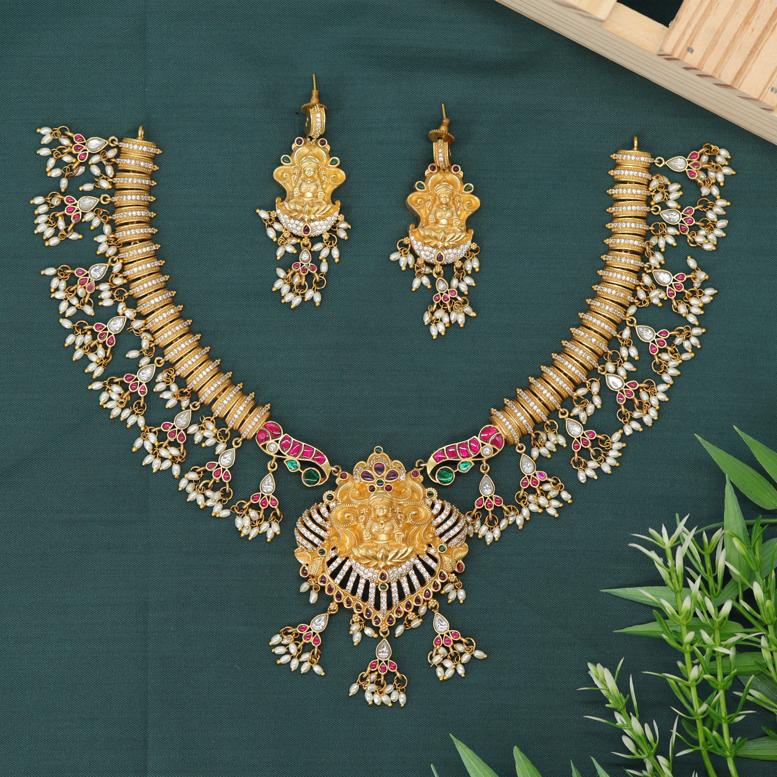 Elegant Lakshmi Motif Necklace with Hanging Beads
