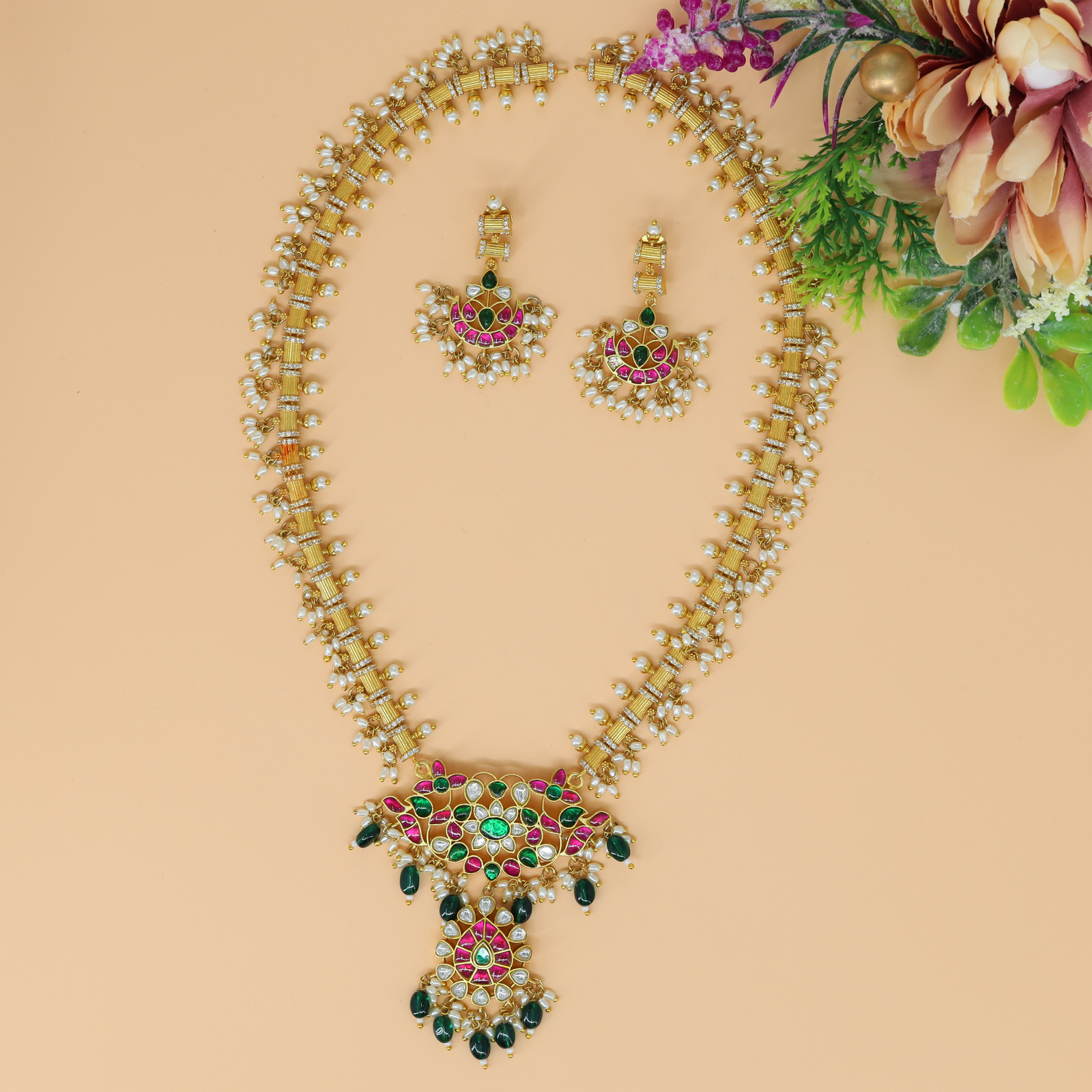 Anvaya Floral Grid Long Haara with Pearl Drops and Grand Pendant