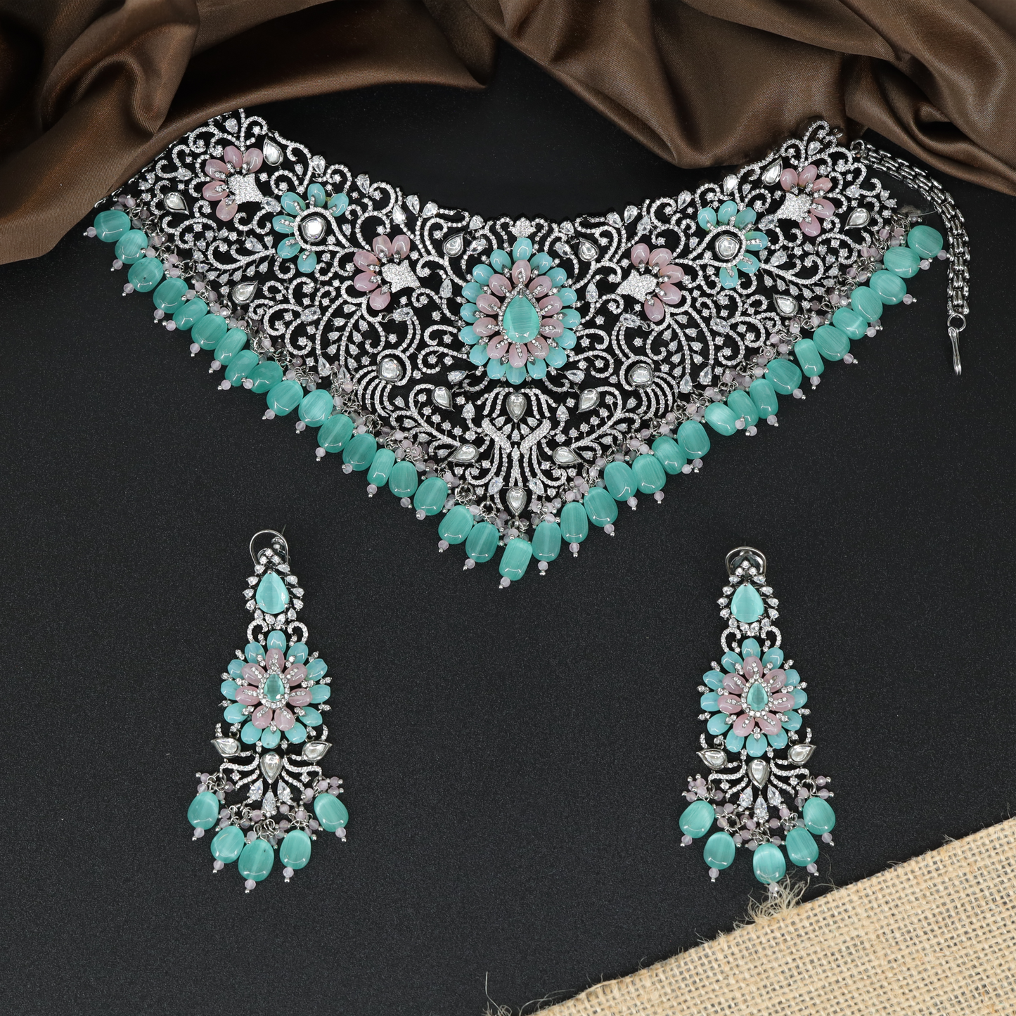 Veloria Ornate Filigree Choker with Central Floral Crest and Drop Bead Border