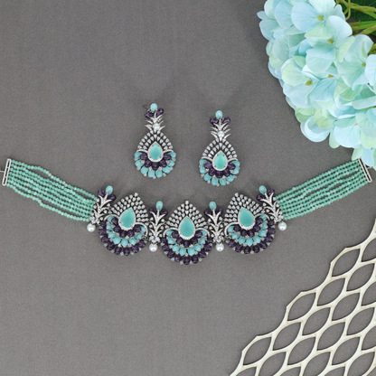 Designer Beaded Choker with Teardrop Motif Arrangement and Matching Dangle Earrings