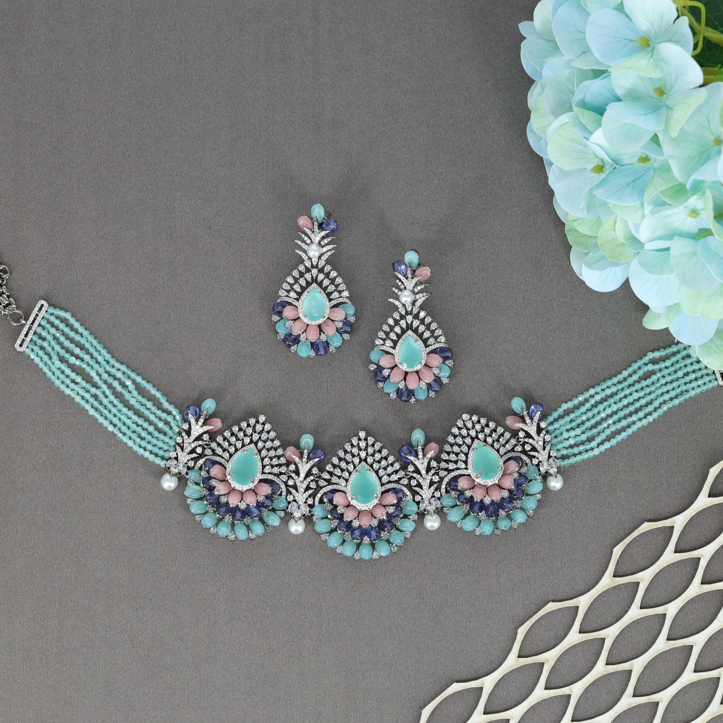 Designer Beaded Choker with Teardrop Motif Arrangement and Matching Dangle Earrings