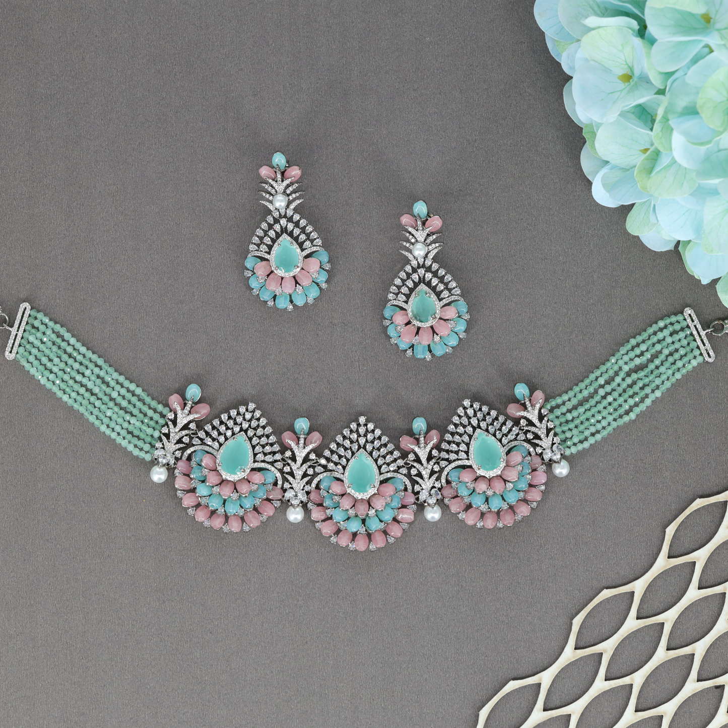 Designer Beaded Choker with Teardrop Motif Arrangement and Matching Dangle Earrings