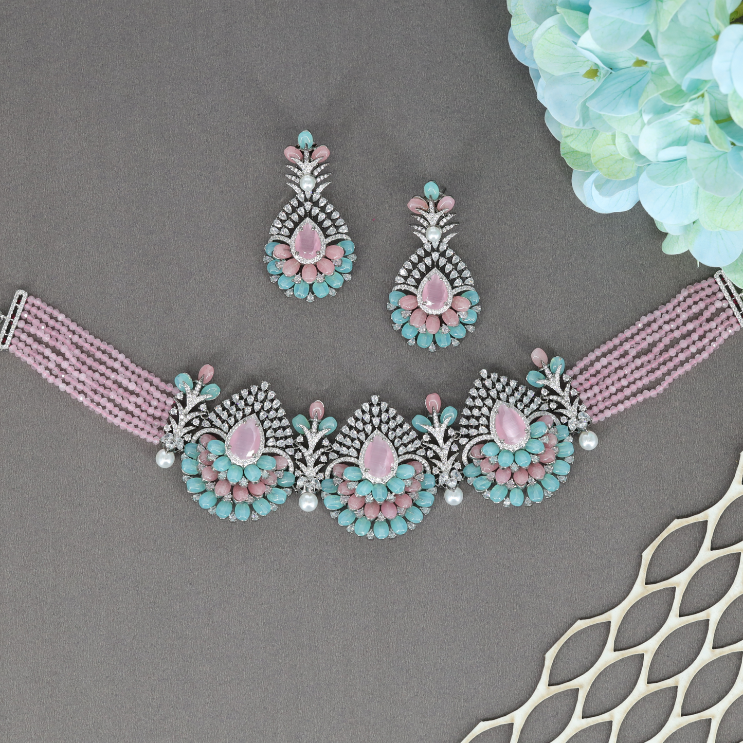 Designer Beaded Choker with Teardrop Motif Arrangement and Matching Dangle Earrings