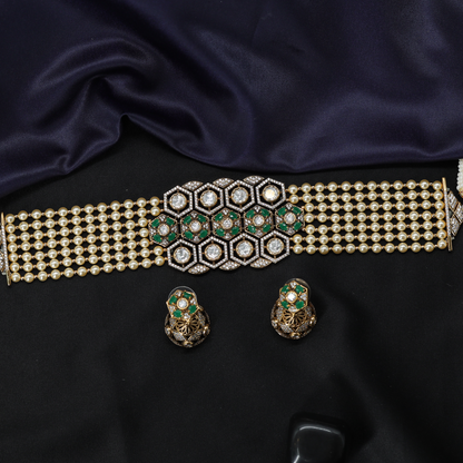 Radiant Hexagon Motif Choker with Layered Pearl Band Structure