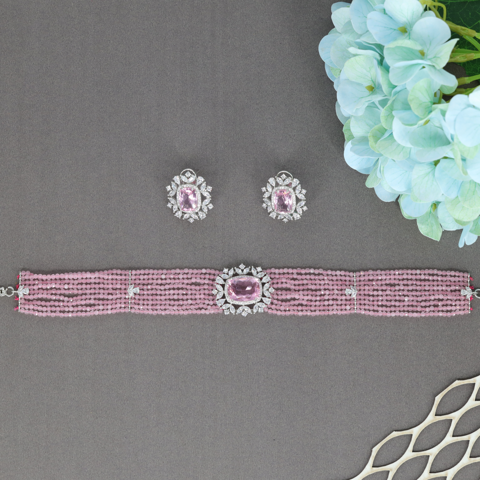 Luxury Pink Beaded Choker with Oval Halo Centre Detail