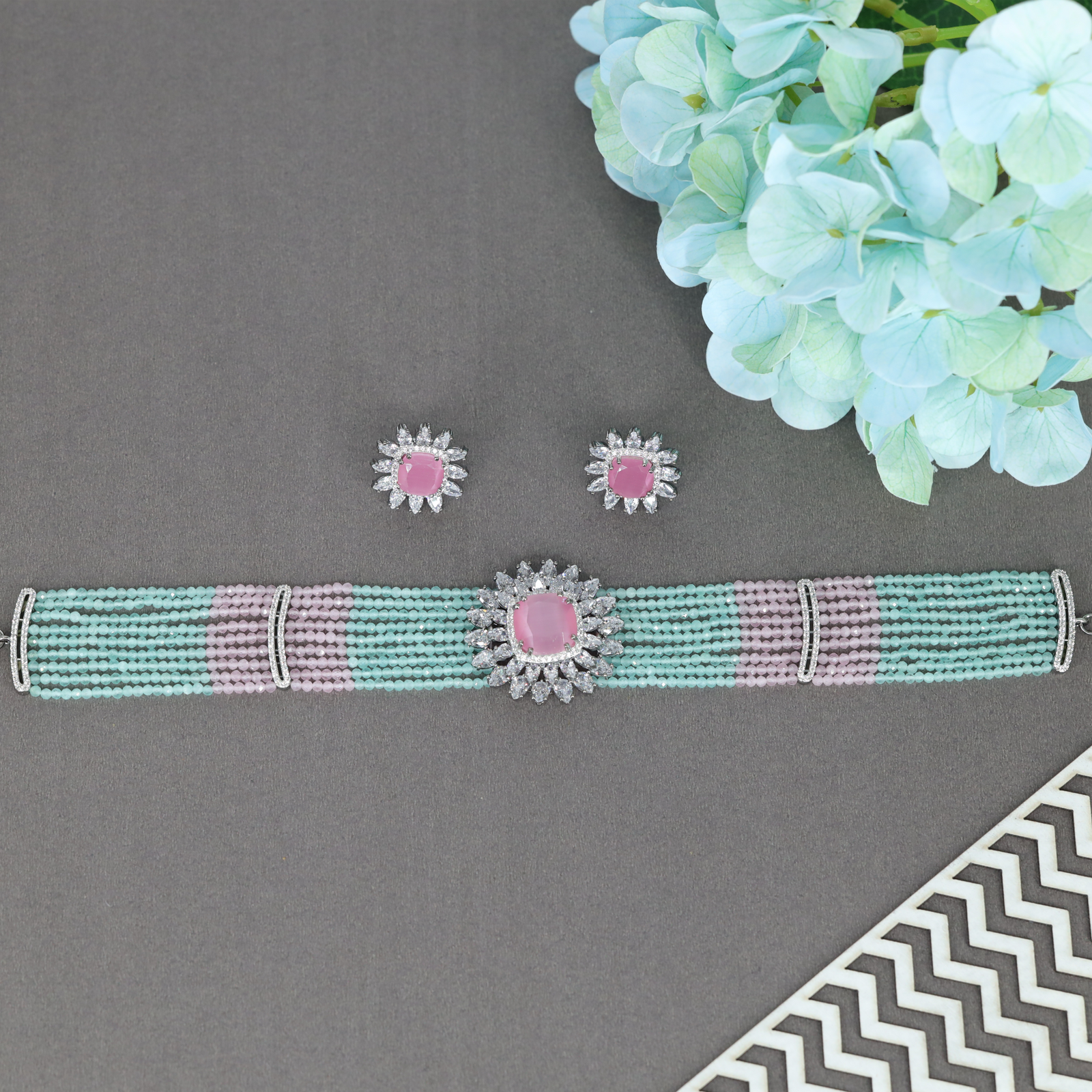 Luxury Aqua and Blush Pink Bead Choker with Cushion Crystal Halo Centrepiece