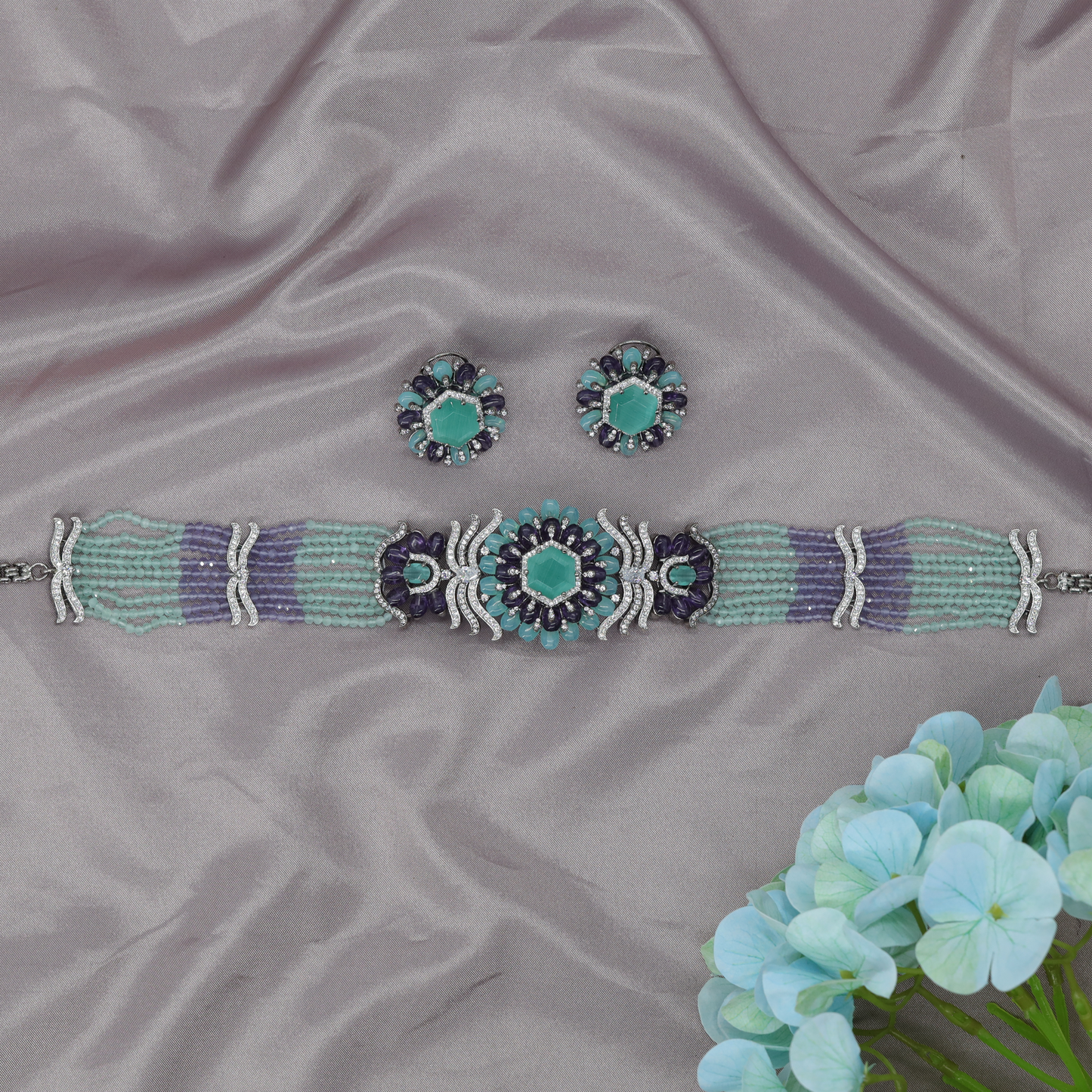 Designer Aqua and Violet Bead Choker with Floral Halo Hexagon Centre Accent