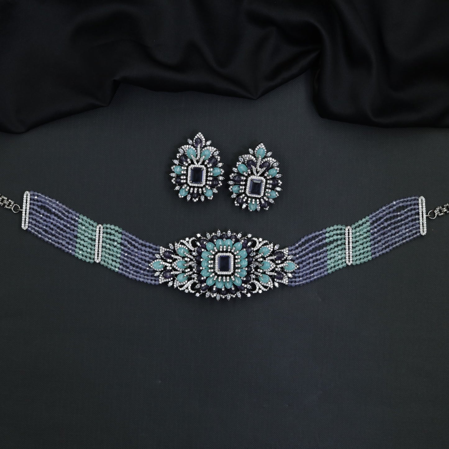 Floral medallion Crystal Chokers with multi-strand beadwork and ornate centrepiece