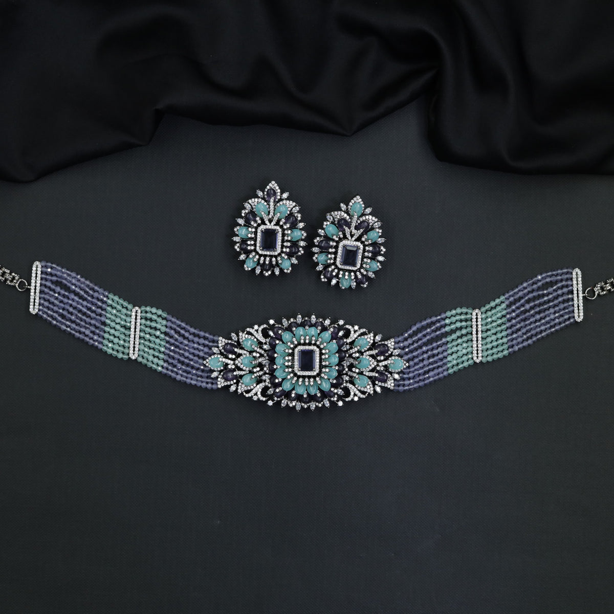 Semi-Precious Zircon Choker Set with Floral Medallions