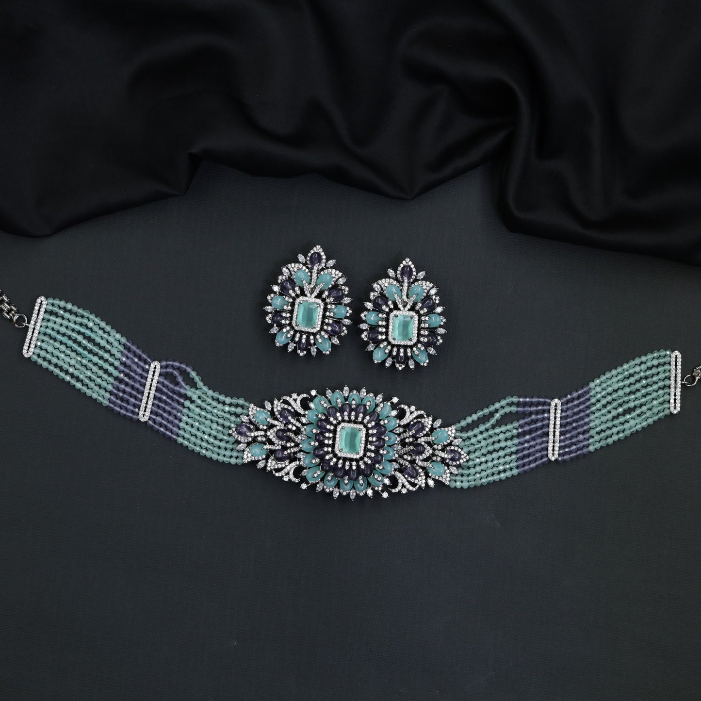 Floral medallion Crystal Chokers with multi-strand beadwork and ornate centrepiece