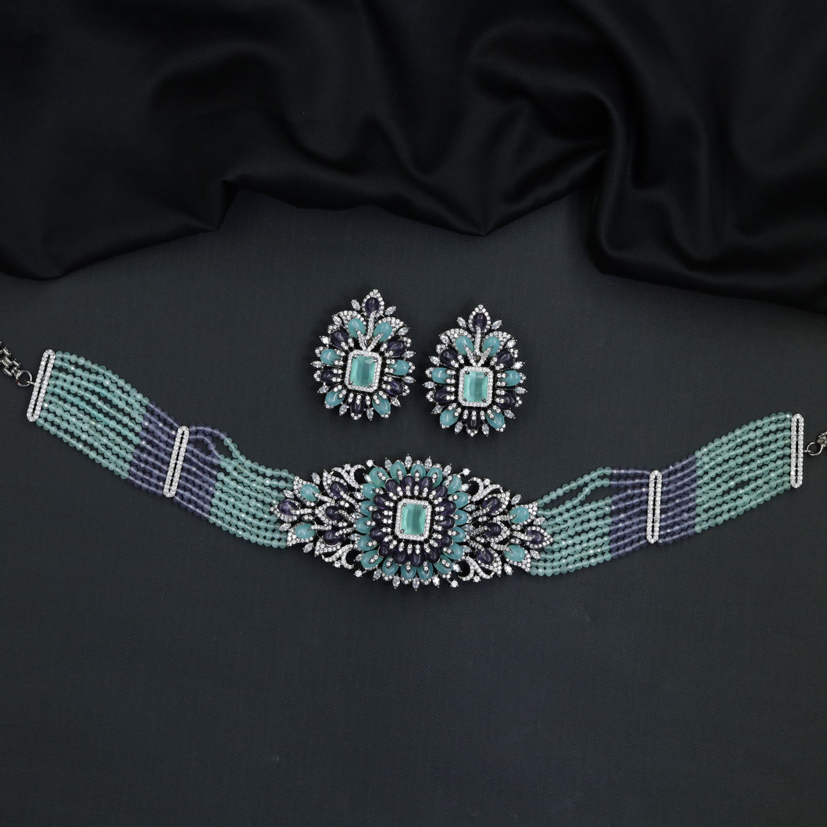 Semi-Precious Zircon Choker Set with Floral Medallions